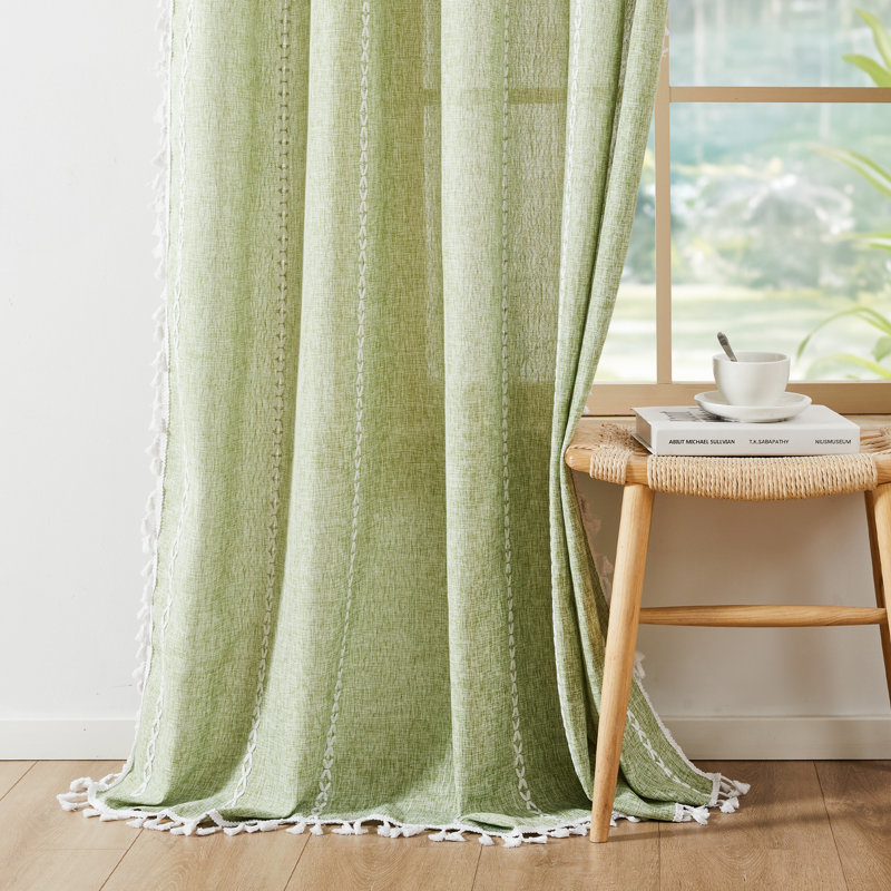 Semi Sheer Rod Pocket Curtain Panel with Tassel Fringe – Faux Linen Textured, Light Filtering, 1 Panel, Beige, 52" W x 96" L