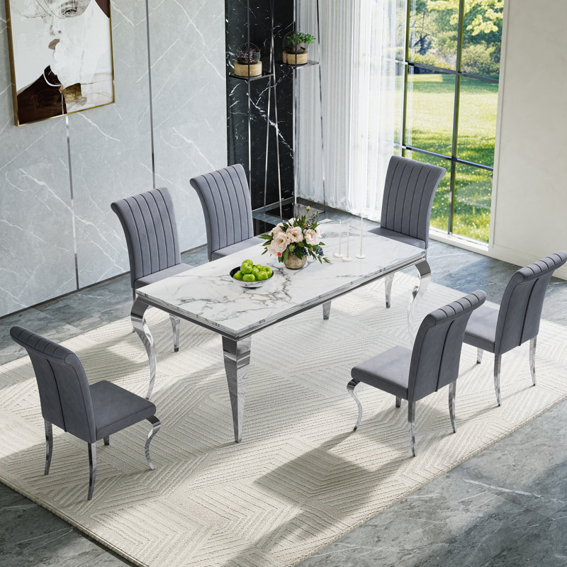 Dining Set with Faux Marble Tabletop and Upholstered Chairs, 7 Pieces: Table, 6 Chairs, Silver/Gray/Silver