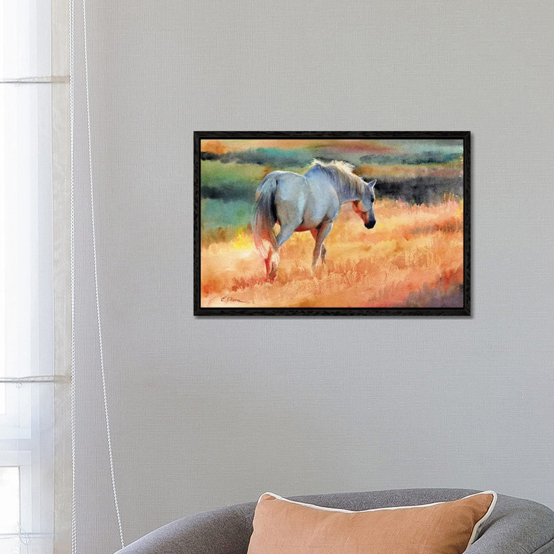 White Horse In Golden Fields by Watercolor Luv - Print on Canvas, Black Framed, 66.04 cm H x 45.72 cm W