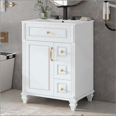 Meuble-lavabo de salle de bain avec lavabo, meuble-lavabo autoportant avec tiroir rabattable, 3 tiroirs et armoire de rangement, bois massif et panneau de fibres à densité moyenne, comptoir de lavabo en céramique (robinet non inclus)