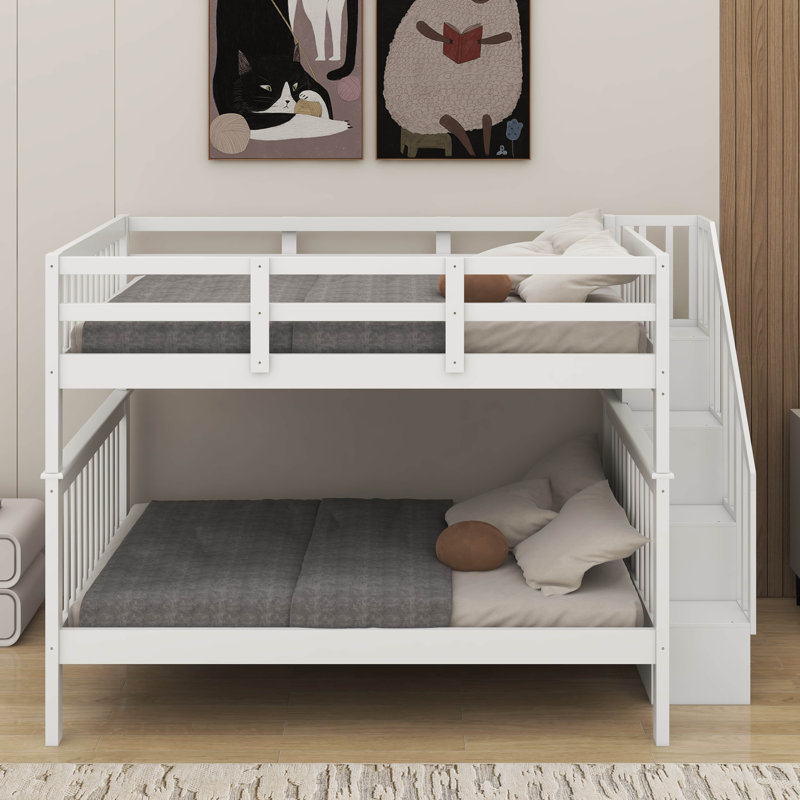 Lit superposé double au-dessus de double avec rangement et garde-corps, Blanc