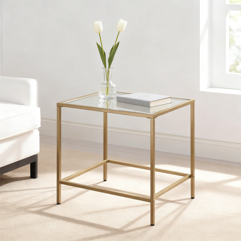 Table de bout rectangulaire moderne avec plateau en verre trempé et structure en métal doré, table d'appoint minimaliste pour le salon, la chambre à coucher, le bureau ou l'extérieur