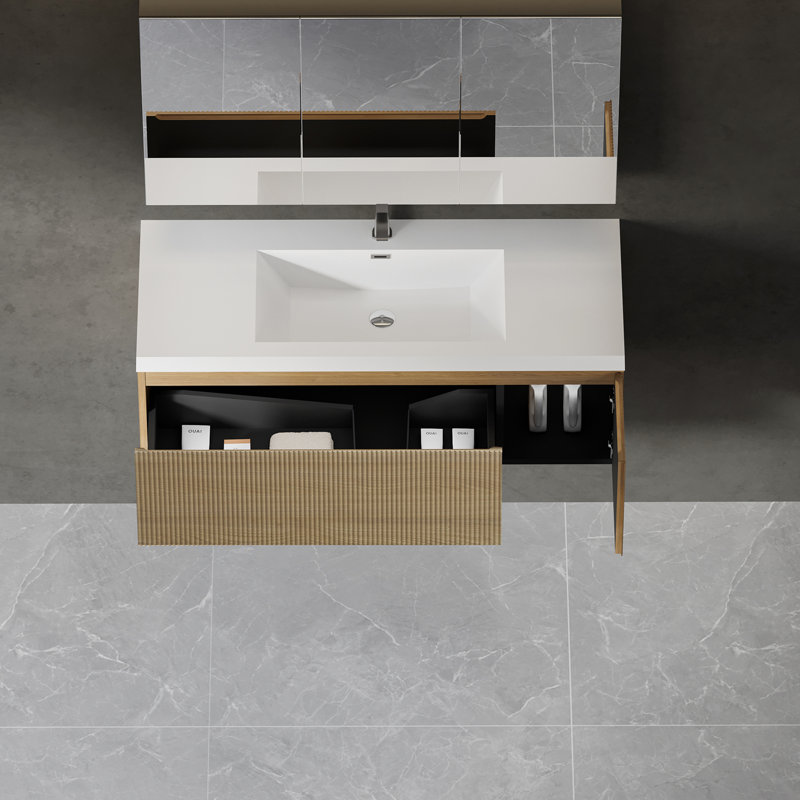 Floating Bathroom Vanity with Sink Combo, Oak Natural, White, 47"