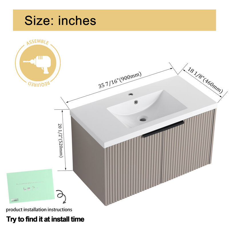  Farnor 36'' Wall-Mounted Single Bathroom Vanity With Resin Vanity Top, Khaki, 36"