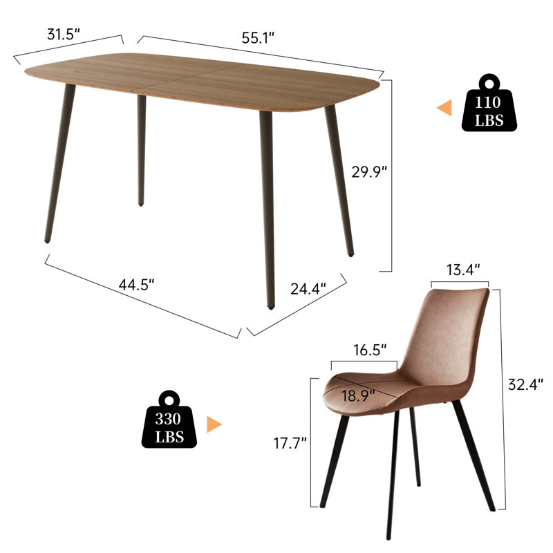 Table de salle à manger de 55 po avec 4 chaises rembourrées, Brun, Brun clair et noir