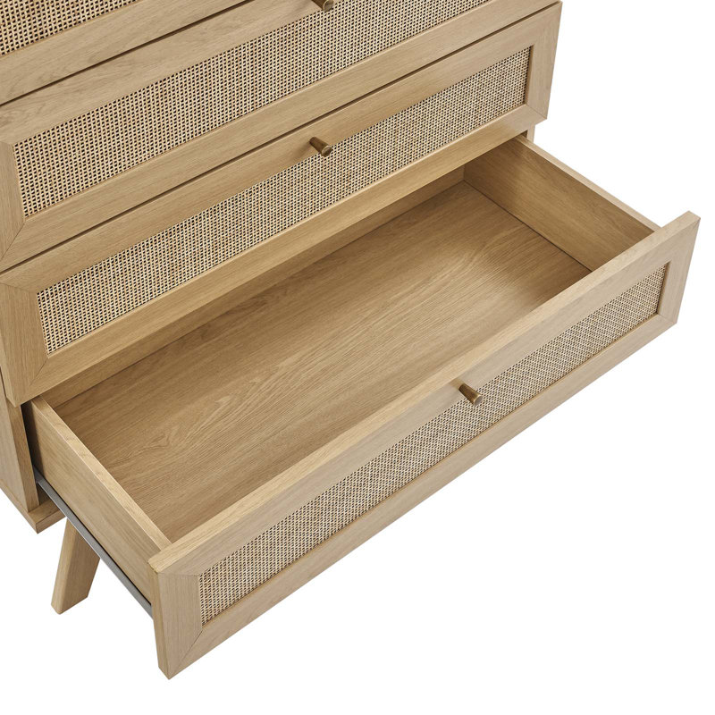 Soma Oak 5-Drawer Chest with Rattan Weave and Splayed Legs