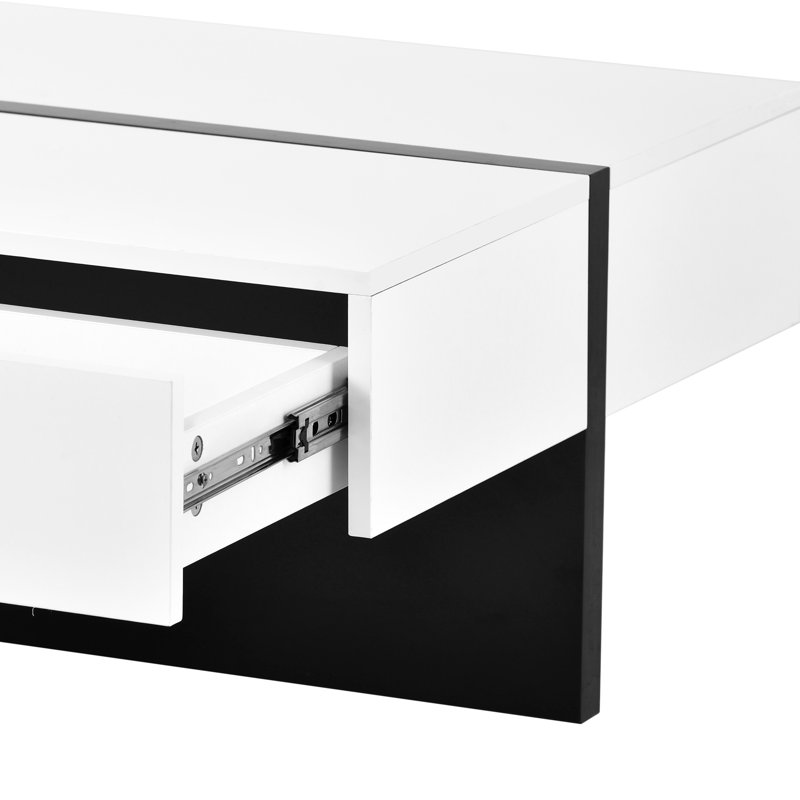 Table basse de salon de 45,2 po de longueur, blanche avec base noire et surface de tiroir rectangulaire, Blanc/Noir
