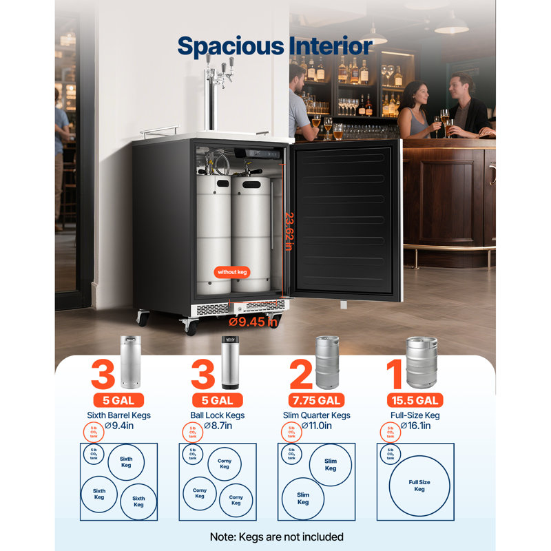 Tireuse à bière industrielle, réfrigérateur à fûts pleine grandeur avec réservoir de CO2 de 2,3 kg, capacité de 3 fûts de 1/6 / 2 fûts Slim / 3 fûts à verrouillage à bille, 160 L, distributeur de bière pression commercial à trois robinets pour système D