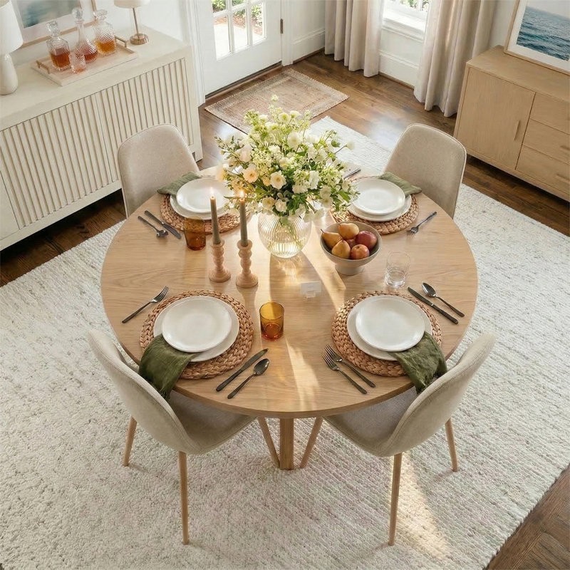 Cleckley 4 - Person Dining Table Sets With 39.4'' Round Table & 4 Upholstered Fabric Chairs, Beige