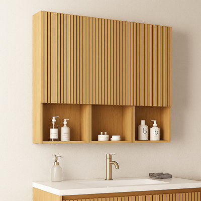 Armoire de rangement murale moderne de 41 po avec 3 unités modulaires, finition en chêne rainuré et tablettes ouvertes - conception peu encombrante pour la salle de bain ou le salon
