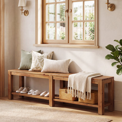 70.9" Solid Wood Entryway Shoe Bench with Storage Shelf for Hallway