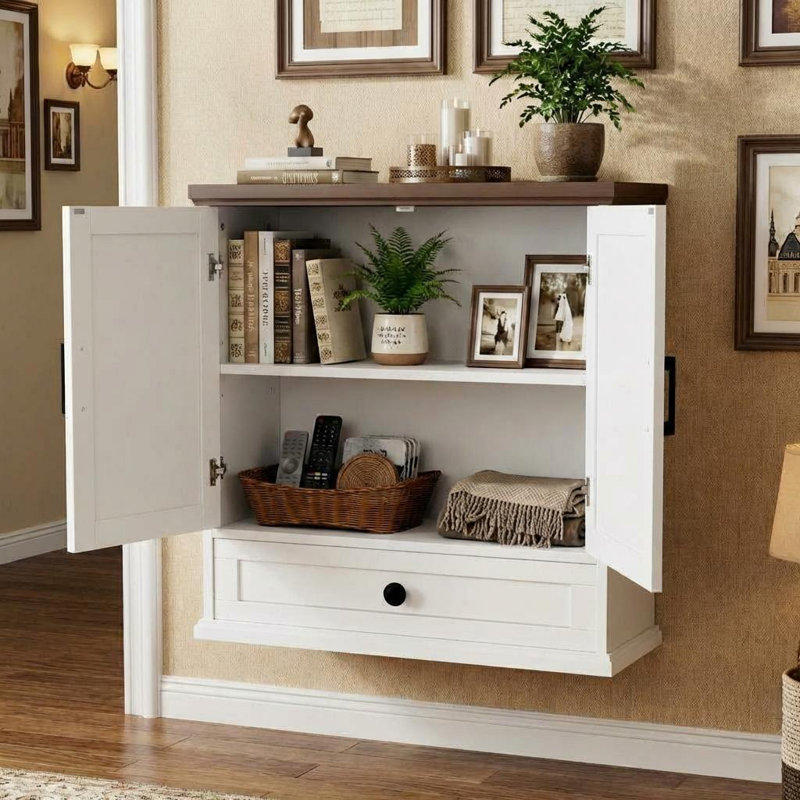  Armoire de salle de bain murale, armoire à pharmacie de ferme, armoire de 24 po de largeur avec tiroir, tablette réglable, portes de grange doubles, armoire de rangement pour salle de bain, cuisine, salon, blanc