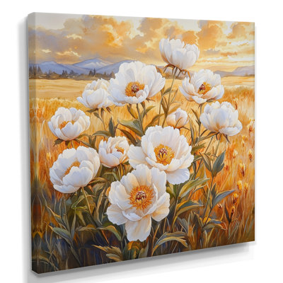 Pivoines dans un champ d'automne chaud II - pivoines, art mural