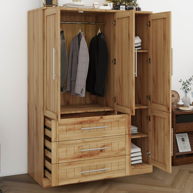 Armoire penderie 4 portes avec 3 tiroirs et rail suspendu, Naturel