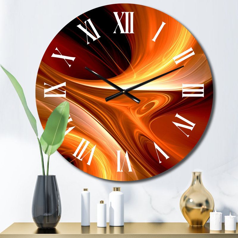 Horloge murale orange à motif abstrait fractal chaleureux II, Moyenne