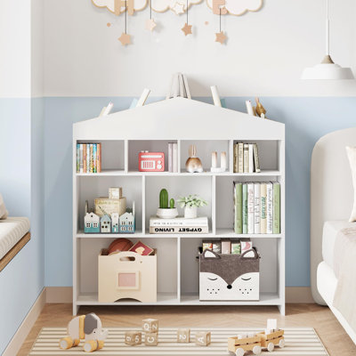 House-Shaped Kids Wooden Bookshelf with 4 Tiers, 15 Storage Cubes & 9 Open Toy Cubbies, Sturdy Multi-Functional Book & Toy Organizer for Nursery, Playroom and Kids Study Space