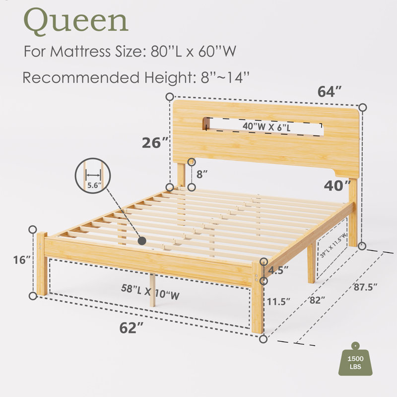 Gerrita Solid Bamboo and Metal Platform Bed with Integrated Headboard, Queen, Yellow