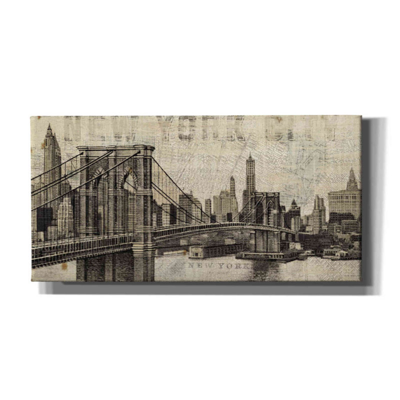«Vintage NY Brooklyn Bridge Skyline» par Michael Mullan, art mural sur toile, H 20 po x l 40 po x P 1,5 po