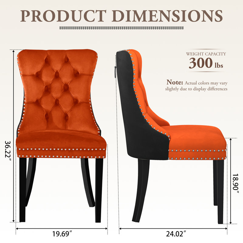 High-End Tufted Dining Chair Set, Velvet Upholstery With Nailhead Trim And Back Pull Ring, Solid Wood Legs, Orange/Black, 8