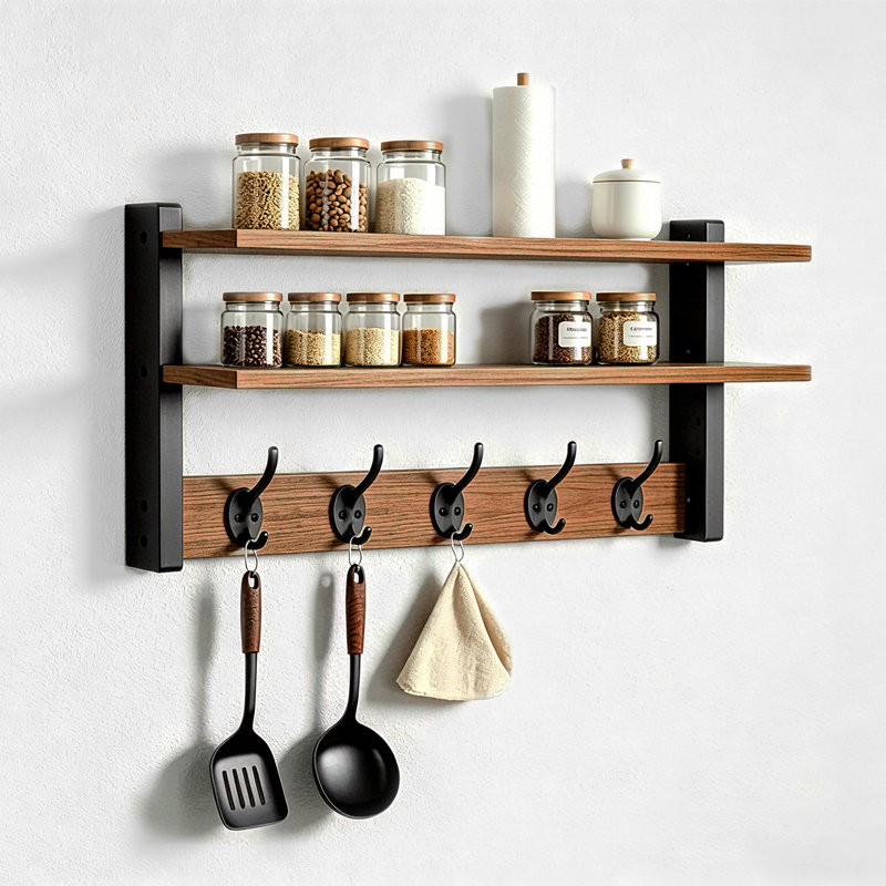 Wall Mounted Storage Rack with Hooks,Coat Rack with Shelf,Two-Tier Shelves & 5 Metal Hanging Hooks for Bedroom, Bathroom or Mudroom