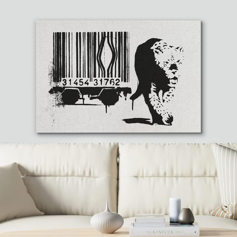 Banksy, code à barres et léopard, Toile tendue, H 16 po x l 24 po x P 1,5 po