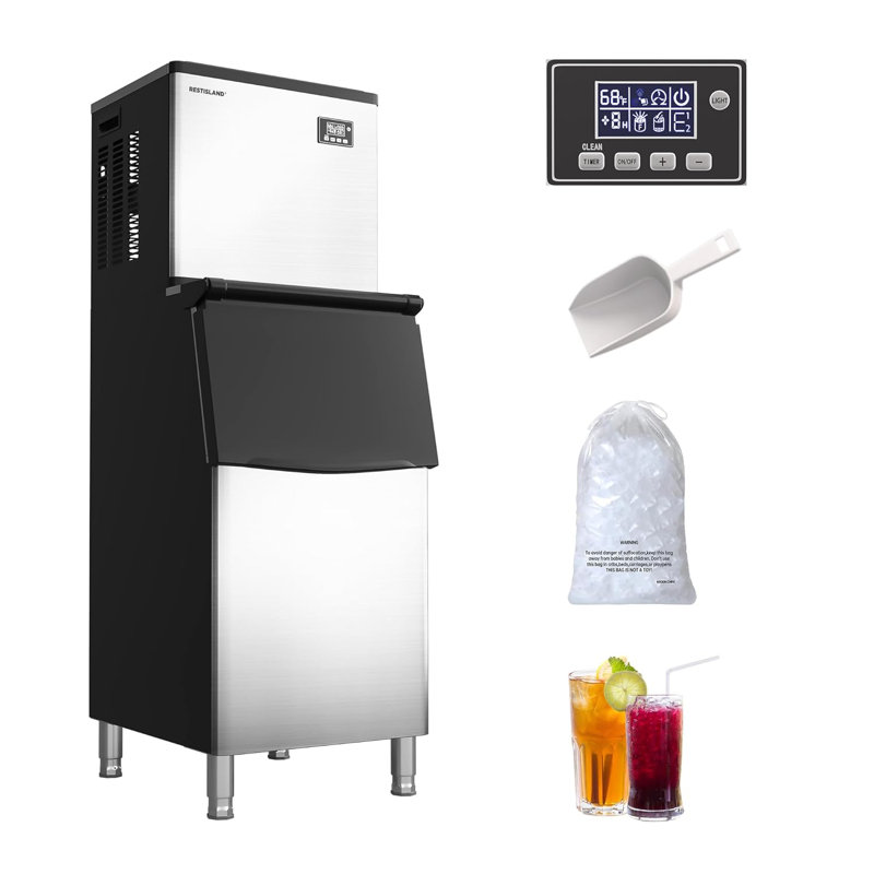360Lbs/24H Commercial Stainless Steel Ice Maker, 200Lbs Storage Bin with Blue Light, Industrial Ice Machine for Home Bar Business Use