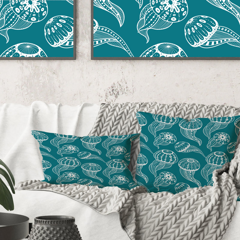 Coussin décoratif à motif de méduse blanche sur fond bleu, 18 po x 18 po