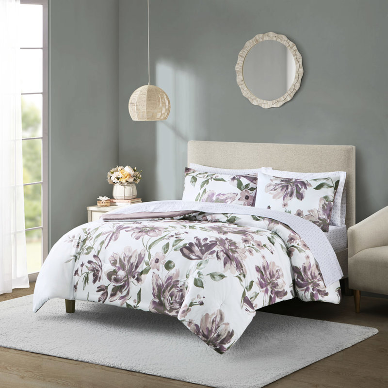Drap-housse édredon mauve à motif floral avec draps lavables à la machine