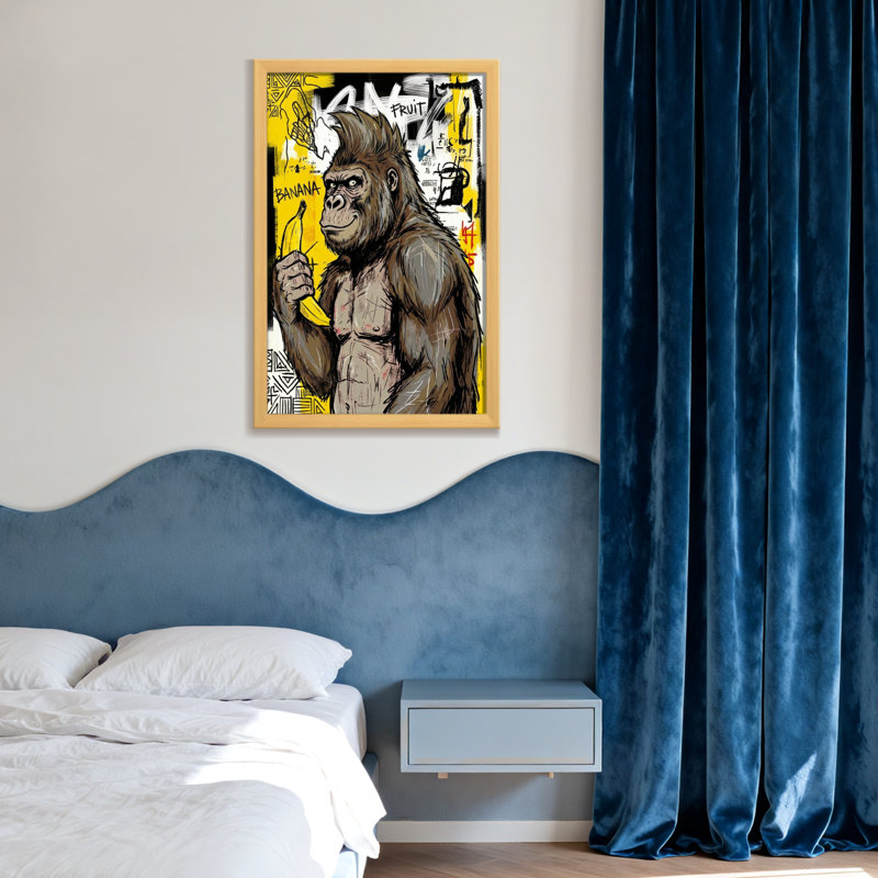 Animaux, gorille tenant un motif de fond graffiti de banane, H 12 po x l 18 po, Toile tendue, Ne s’applique pas