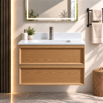 Meuble-lavabo simple mural 30 po avec comptoir en céramique, dosseret et 2 tiroirs à fermeture en douceur Lahni