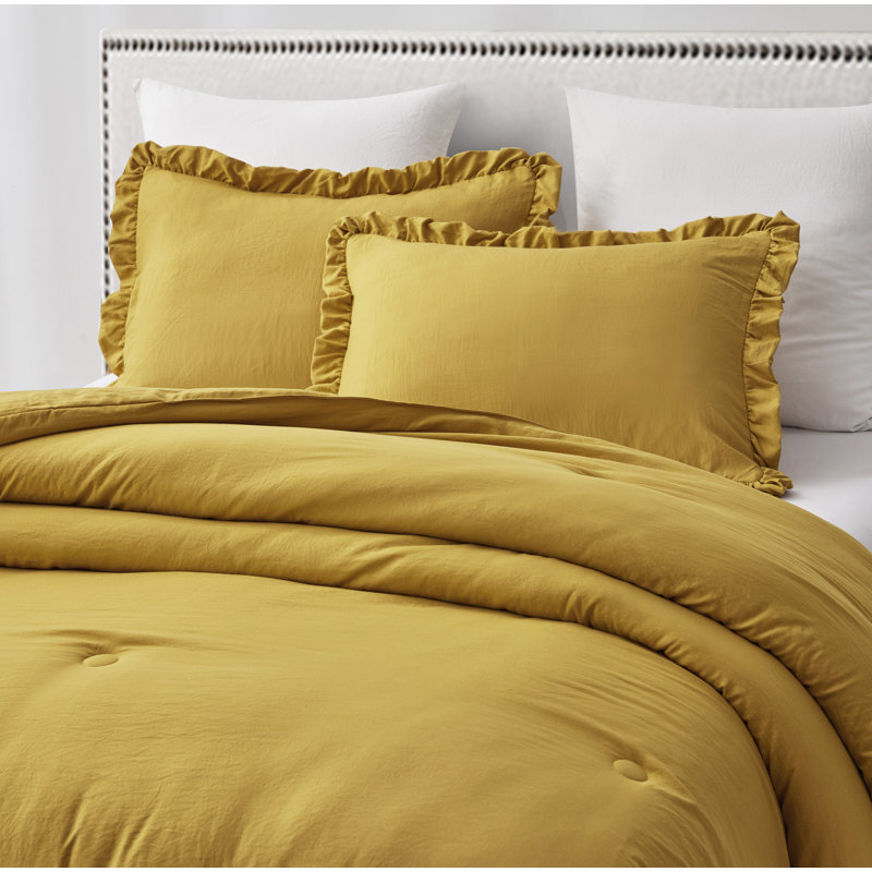 Nora Washed Microfiber Ruffled Comforter Set, Mustard, King Comforter + 2 King Shams