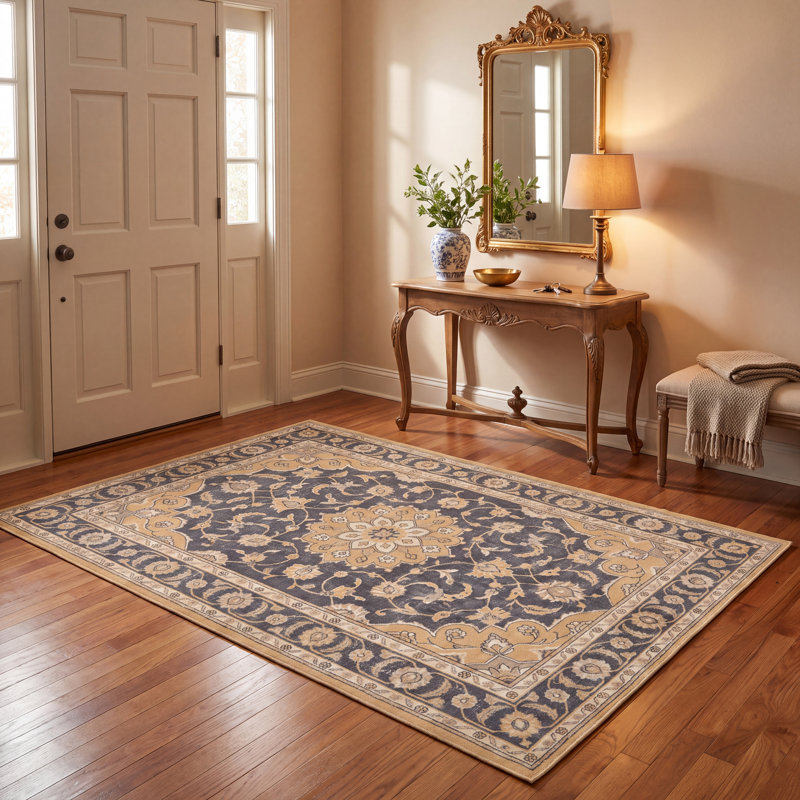Tapis traditionnel persan à médaillon délavé en épine-vinette, coloris or, gris, vert et ivoire, antidérapant, à poils courts, idéal pour l'intérieur et l'extérieur, adapté aux animaux domestiques, pour salon, chambre, salle à manger, entrée, couloir, bureau. Lavable.