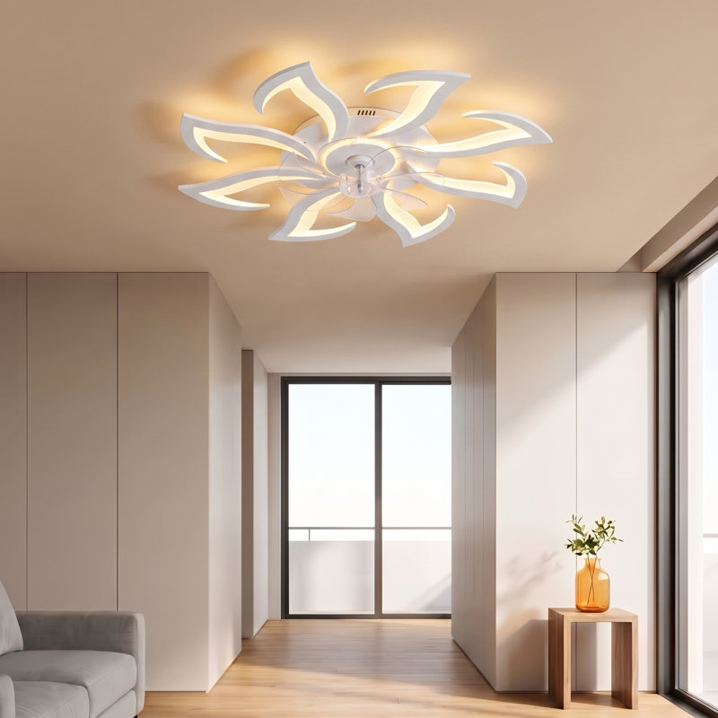 32" Modern 8-Petal Flush Mount Ceiling Fan with LED Light and Remote (White)