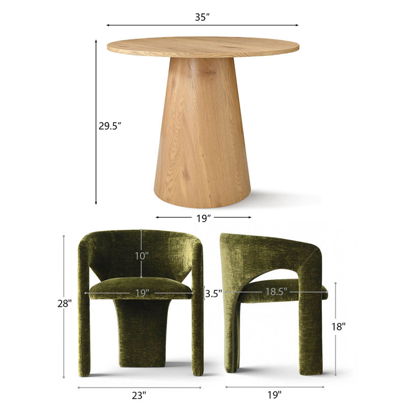 35" Round Pedestal Dining Set With Upholstered Chairs, Oak, Green