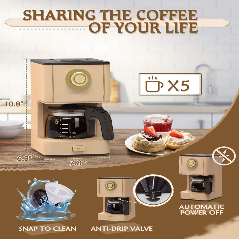 Nbarthome 5-Cup Coffee Maker, Apricot Orange