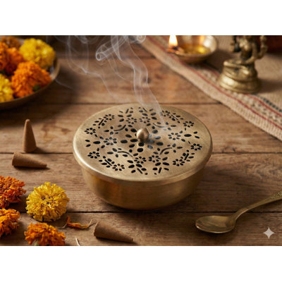 Boîte à brûleur d'encens 3 "en laiton fabriqué à la main avec couvercle en treillis - Support traditionnel pour décoration intérieure, méditation et aromathérapie