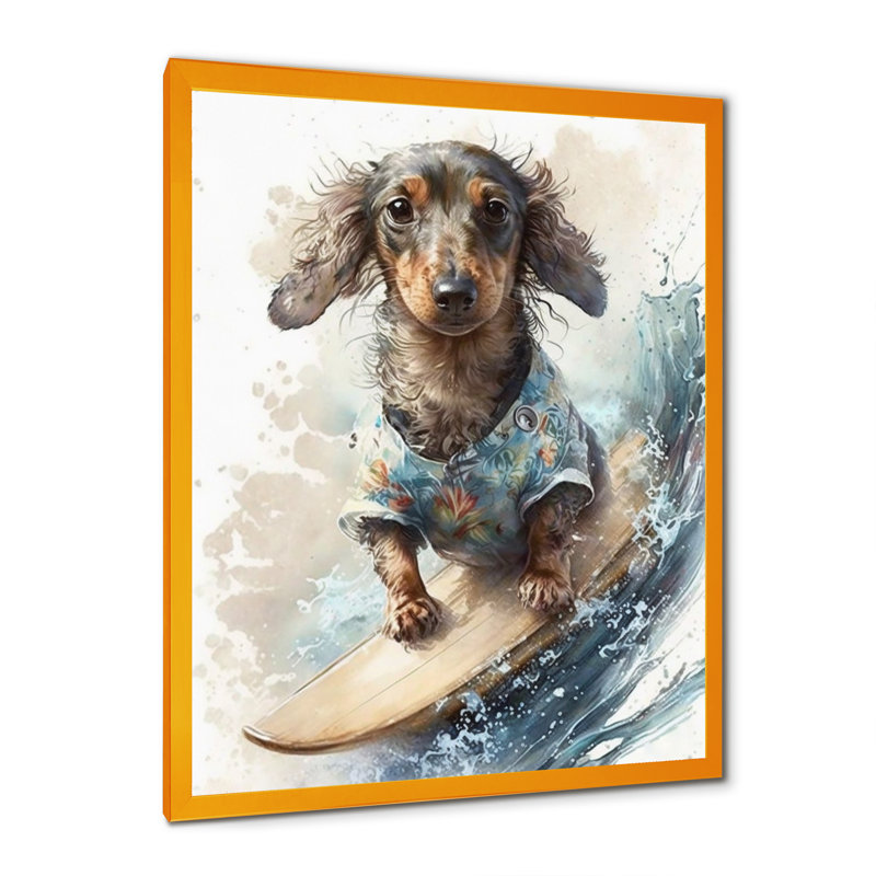«Dog Surfing I», impression sur toile, Impression dorée sur toile encadrée, H 32 po x l 24 po x P 1 po