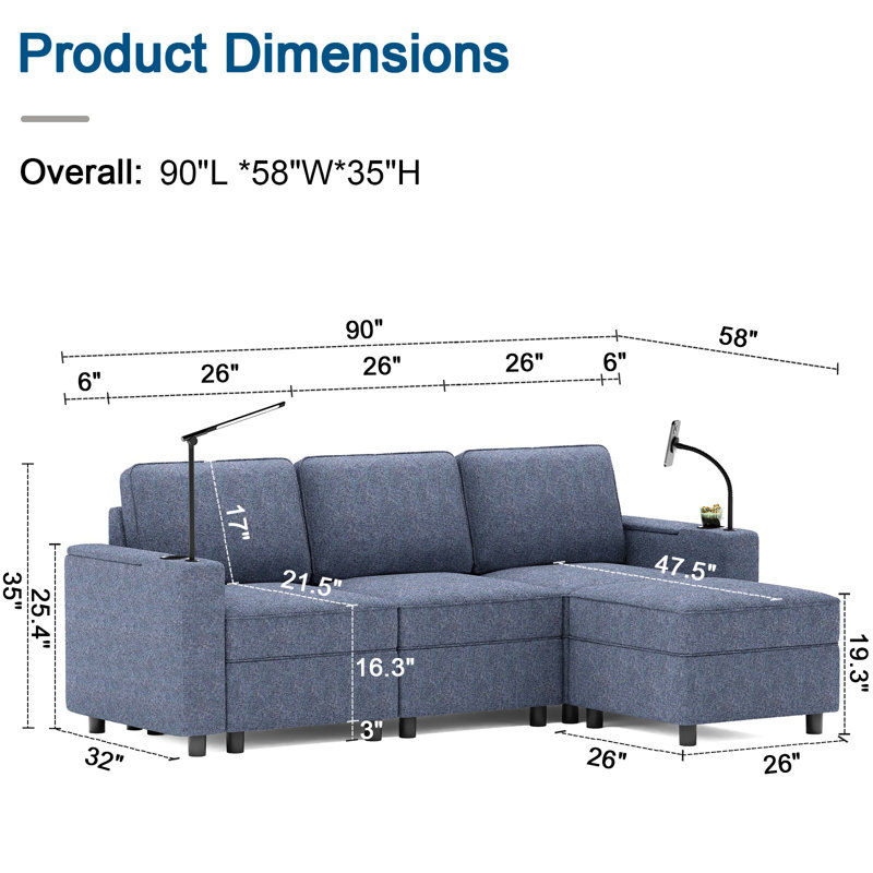 Canapé modulaire rembourré avec repose-pieds et rangement Jamerio, Mélange de polyester bleu marine