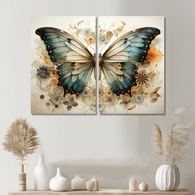 Papillon beige sarcelle, motifs complexes - ensemble de 2 reproductions d'animaux