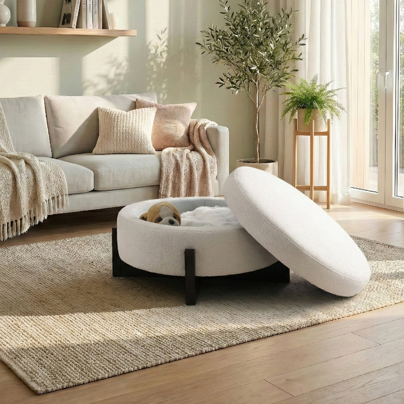 Round Storage Ottoman With Removable Lid, Under-seat Storage & Fold-out Solid Wood Legs, Sherpa Upholstered Multifunctional Stool