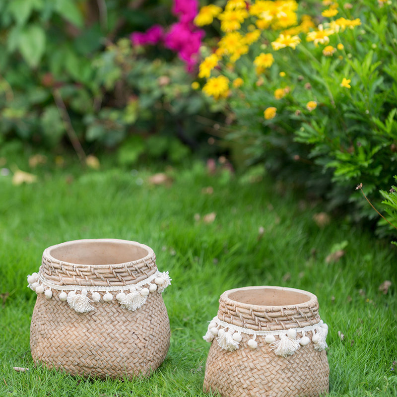Set Of 2 6.5X6.5X6" Brown Cement Planter With Woven Tassel Accent
