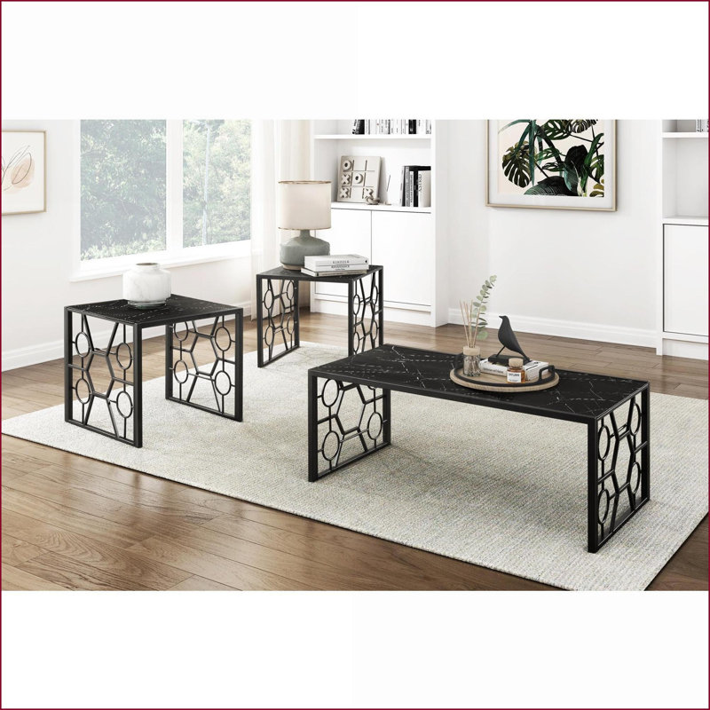 Ensemble de tables basses modernes 3 pièces pour le salon: plateau en verre trempé à imprimé marbre facile à nettoyer et amp; Base robuste en métal noir