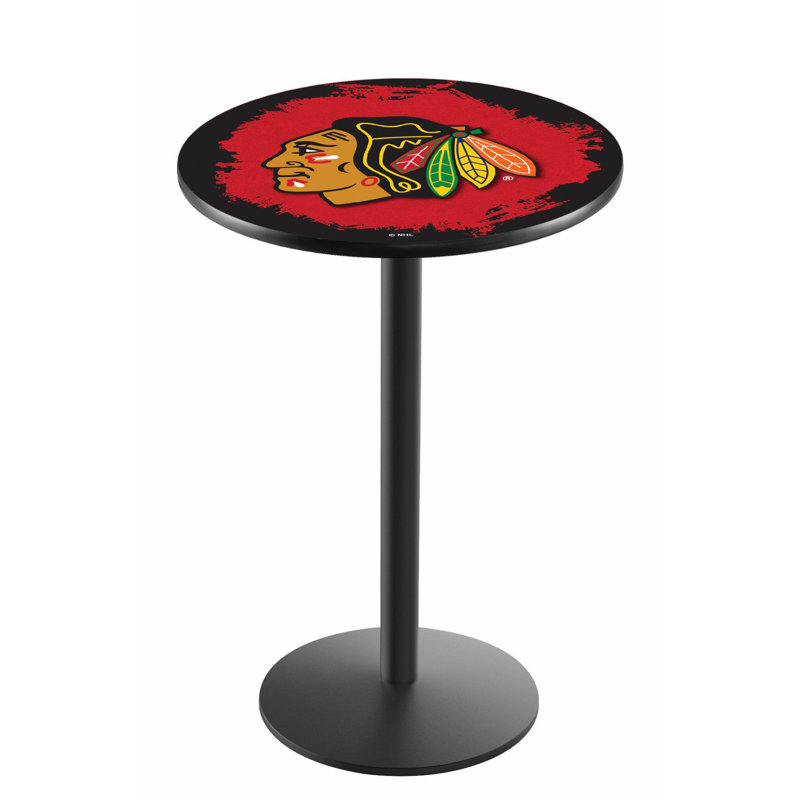 NHL Round Metal Base Dining Table, Black Wrinkle, Chicago Blackhawks - Red