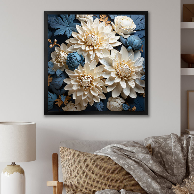 «Pure White and Blue Chrysanthemums Mosaic III», reproduction sur toile, H 36 po x l 36 po x P 1,5 po, Cadre simple noir