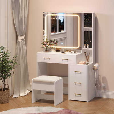 Bureau de coiffeuse avec miroir et lumières, coiffeuse de maquillage blanche avec organisateur de bijoux, armoire en verre à DEL, 3 modes d'éclairage, prise de courant, 5 tiroirs, ensemble de coiffeuse avec tabouret de rangement rembourré