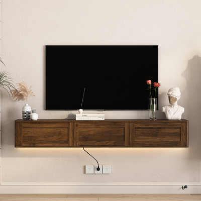 Meuble télé flottant mural en bois ultrabrillant pour salon avec lumières DEL Prise de courant 3 ports standard 2 grands composants de jeu Accessoires de jeu - 16 couleurs