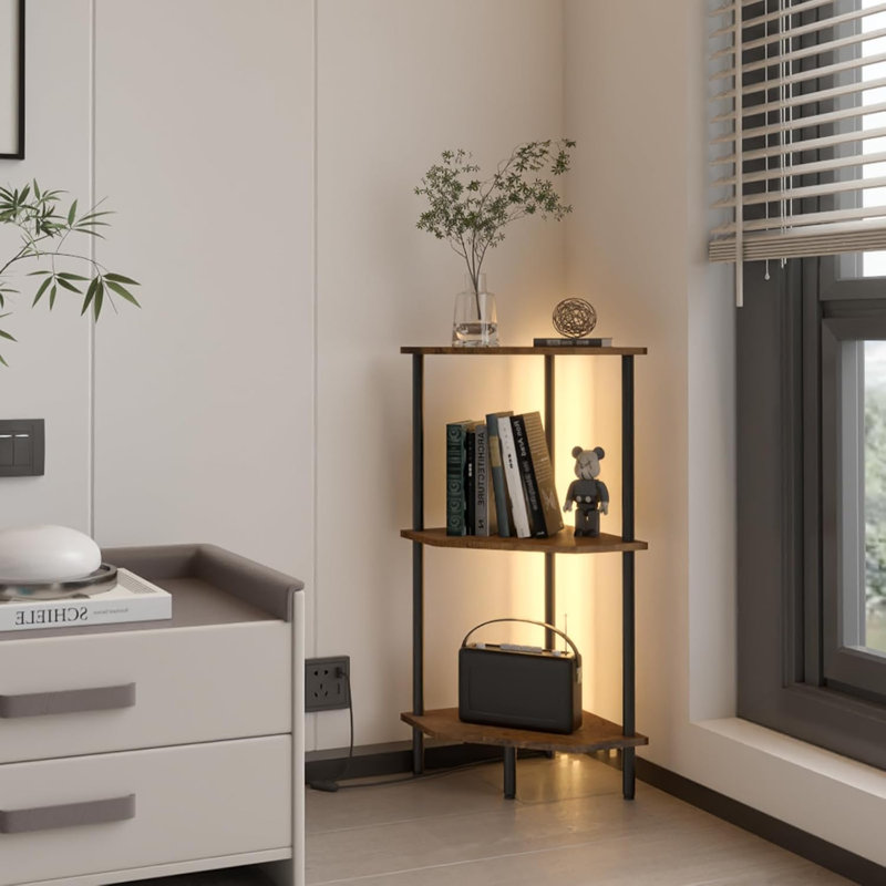 3 Tier Corner Shelf With LED Light,Bookcase For Small Spaces