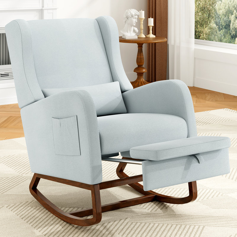 Chaise berçante moderne avec repose-pieds et fauteuil rembourré avec base en bois massif, Bleu pâle