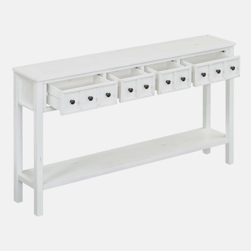 Console rustique en bois avec deux tiroirs de taille différente et une tablette inférieure, Blanc antique