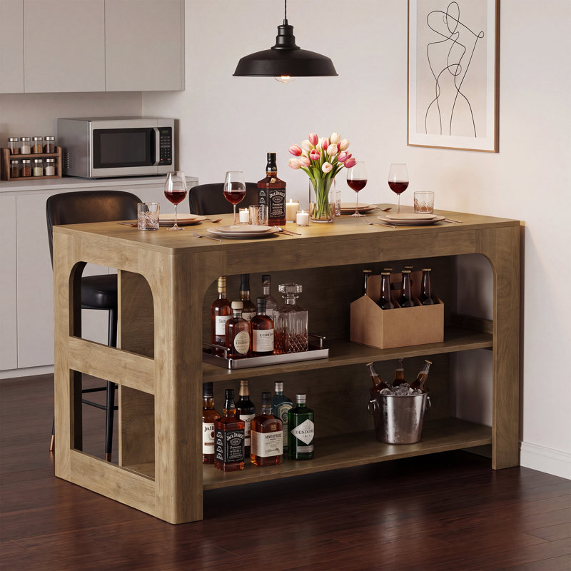 Table de bar 55 po avec rangement, unité de bar à hauteur de comptoir de style campagne moderne